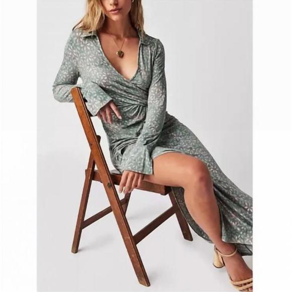 NEW FREE PEOPLE shayla wrap midi dress in mint combo - Picture 1 of 2